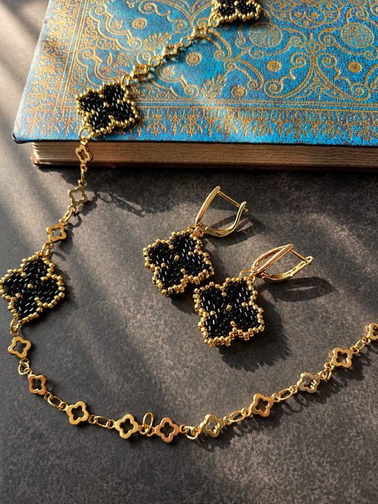Clover Series Black & Gold Set | Handmade Beaded Jewelry