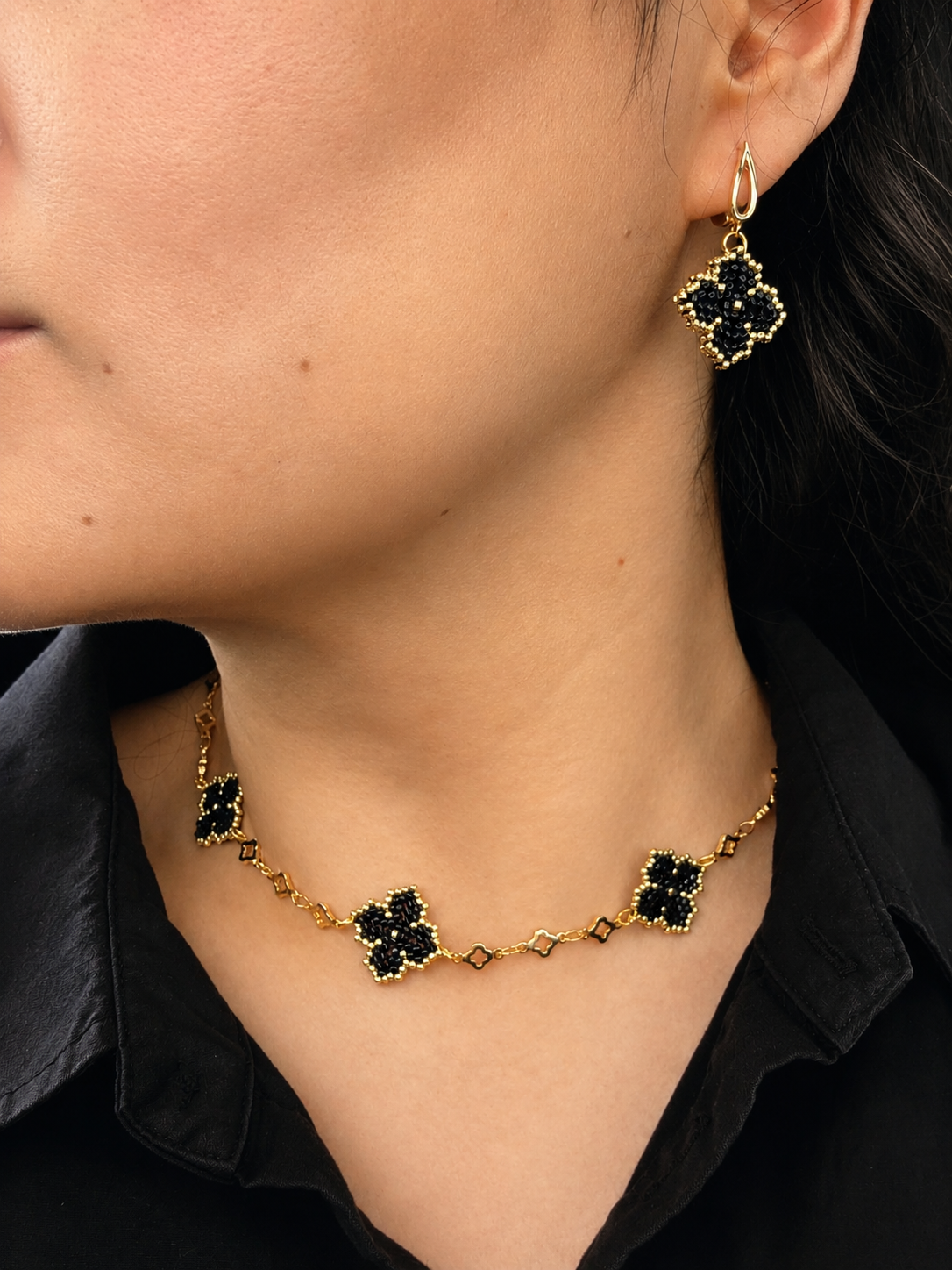 Clover Series Black & Gold Set | Handmade Beaded Jewelry